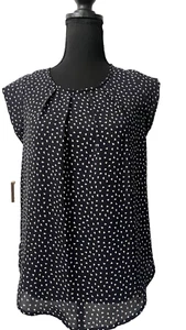 Sweet Rain Navy Blue Semi-Sheer Geometric Pleat Short Sleeves Blouse Small Top - Picture 1 of 7