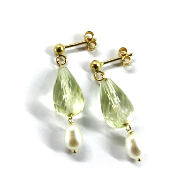 Подвеска из желтого золота 18 карат 32 мм серьги с 14 мм лимонным кварцем и жемчужными каплями - Изображение 1 из 4