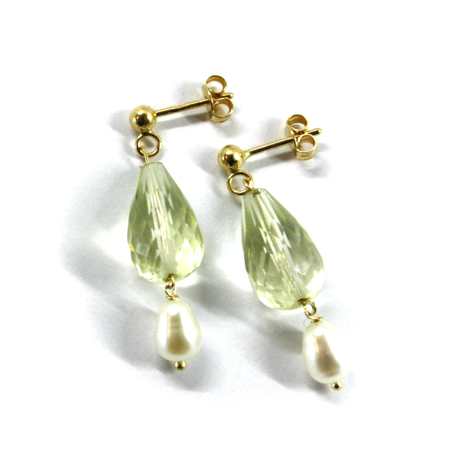 Colgante Oro Amarillo 18k Pendientes 32mm con 14mm Cuarzo Limón y Gotas Perla Foto 1 de 4