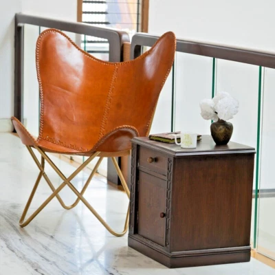 Vintage Leather Sleeper Seat Lounge Accent Butterfly Relax Arm Chair Handmade - Image 1 of 4