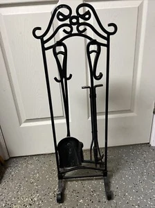 Vintage 4-Piece Wrought Iron Fireplace Tool Set Stand Black - Picture 1 of 6