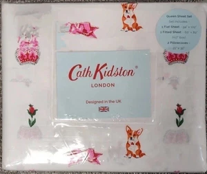Cath Kidston~Royal Ditsy Ruby~QUEEN Sheet Set~100% Cotton Percale~corgi dog~NWT~ - Picture 1 of 8