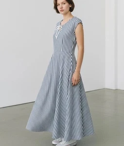 Maxi Vestido Chaps Para Mujer Grande Azul Marino Blanco Rayas Con Cordones Calce y Acampanado Manga Corta - Imagen 1 de 11