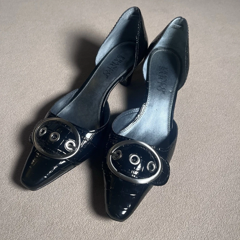 Y2K Negro Hebilla Charol Franco Sarto Mujer Tacones Ajuste 8.5 Foto 1 de 4