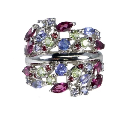 925 Sterling Silver Ring Rhodolite Peridot Tanzanite Natural Gemstone Jewelry - Image 1 of 4
