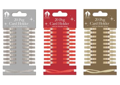 Christmas Card Holder Wooden Pegs & Metallic String Pack Of 20 Craft Decorations - image 1 of 4