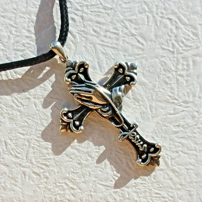 US Seller Solid Sterling Silver 925 Praying Hands Jesus Cross Pendant,  22" Cord - Image 1 of 4