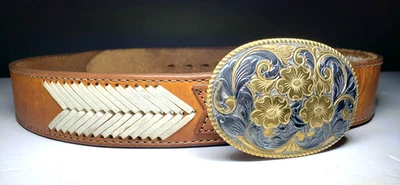 Vintage Crumrine Belt Buckle With Leather Belt Ladies Womens Woven Silver Plate - Image 1 of 4