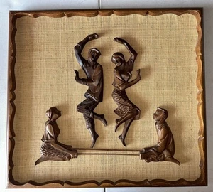 Vintage Philippines Wall Hanging, 3D Teak Tinikling Folk Dancers On Canvas, Wood - Bild 1 von 13