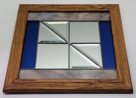 Vtg Stained Glass Slate Mirror Square Wall Hanging Home Decor Wood Framed Lead Cover