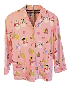 Nick & Nora Snowman Winter Deer Pajama Shirt Top Women's Small Pink Flannel - Picture 1 of 10
