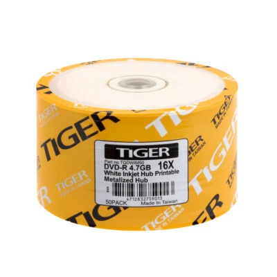 Tiger Branded 16x White Inkjet Hub Printable DVD-R Disc 4.7GB Wholesale Lot - Image 1 of 2