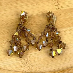 VTG Crystal Chandelier Clip On Earring Brown Iridescent Beaded Dangle 2" Long - Picture 1 of 21