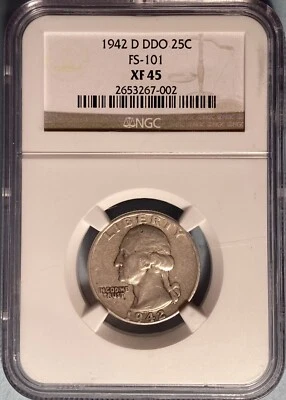 1942-D Washington Quarter Doubled Die Obverse FS-101 NGC XF45 — Super Strong! - Image 1 of 4