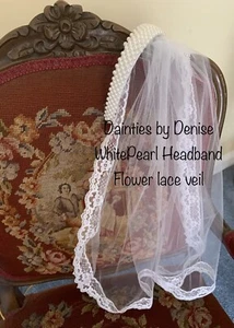 First Communion/Flower Girl  Lace Veil on White Pearl Headband New - Picture 1 of 2
