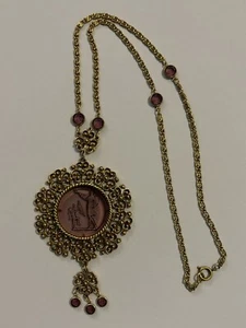 Vintage Unsigned Goldette Purple Glass Cupid Intaglio Gold Tone Necklace - Picture 1 of 9