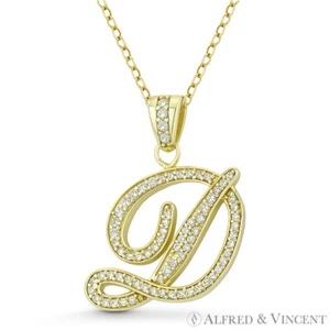 Colgante Inicial Letra ""D"" Escritura Cursiva Cristal Circonio 0,925 Plata Esterlina 14k GP - Imagen 1 de 1