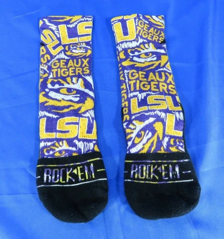 ROCK EM SOCKS Purple/Yellow LSU TIGERS CREW SOCKS Graphic Logo Fans ADULT S/M Cover