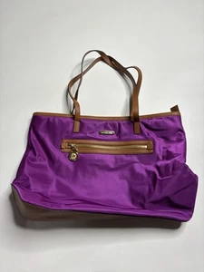 Michael Kors Kempton Purple Brown Nylon Leather Tote Beach Bag Measure-17x11” - Picture 1 of 5