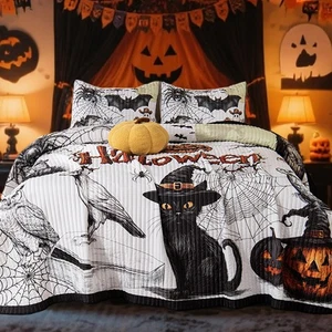 Halloween Set Trapunta Set Copriletto,3 Pezzi Queen Size Halloween Pipistrello Gatto Nero... - Foto 1 di 8