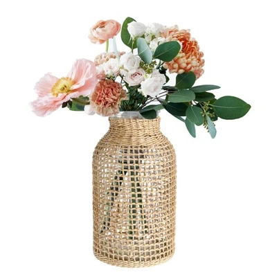 Wicker Vase, 8" Tall Glass Vase with Rattan Cover, Tall Rattan s for Flowers,... - Image 1 of 4