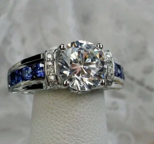 2Ct Round Cut Simulated Diamond Engagement Ring 14K White Gold Plated - Picture 1 of 9
