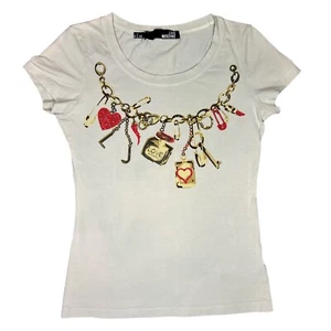 LOVE MOSCHINO Beige Chain Charm Print Rhinestone Tee T-Shirt Sz IT 40 XS S - Picture 1 of 7