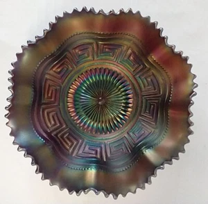 Northwood Carnival Glass Amethyst "GREEK KEY" Ruffled Bowl Antique Deco FLAWS - Picture 1 of 15