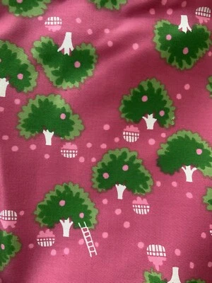 Cherry Tree Basket Apple Fabric Material Pink Green Bright Harvest 4 Yards - Image 1 of 4