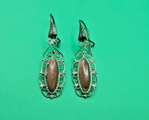 Vintage Red Sunstone Gemstone 925 Sterling Silver Dangle Pierced Earrings - Picture 1 of 11