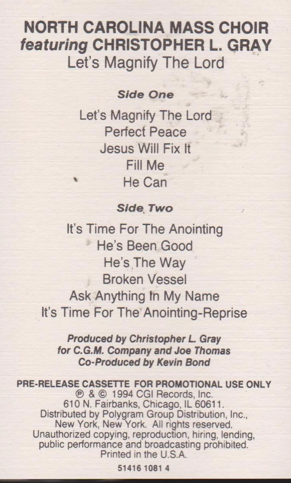 NORTH CAROLINA MASS CHOIR PROMO CASSETTE "LET'S MAGNIFY THE LORD" 1994 - Image 1 of 1
