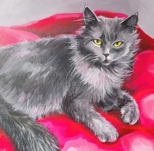 Pintura Original Gris Gato Retrato Animal Gatito Obra de Arte 12/12 pulgadas - Imagen 1 de 4