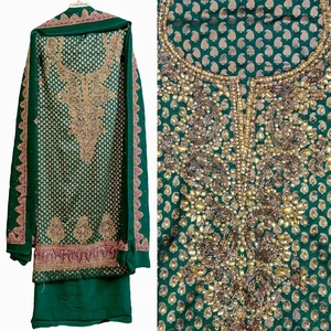 GREEN BANARASI BROCADE SILK INDIAN SALWAR KAMEEZ SUIT w WORK MATERIAL LADIES DEN - Picture 1 of 5