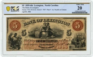 NC-30-G12a $5 años 1859-60 Lexington, NC Bank Of Lexington VF20 PCGS 950414-45 - Imagen 1 de 3