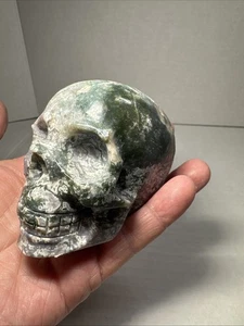 Moss Agate Carved Crystal Skull Smaller Size Very Cool Piece - Picture 1 of 14