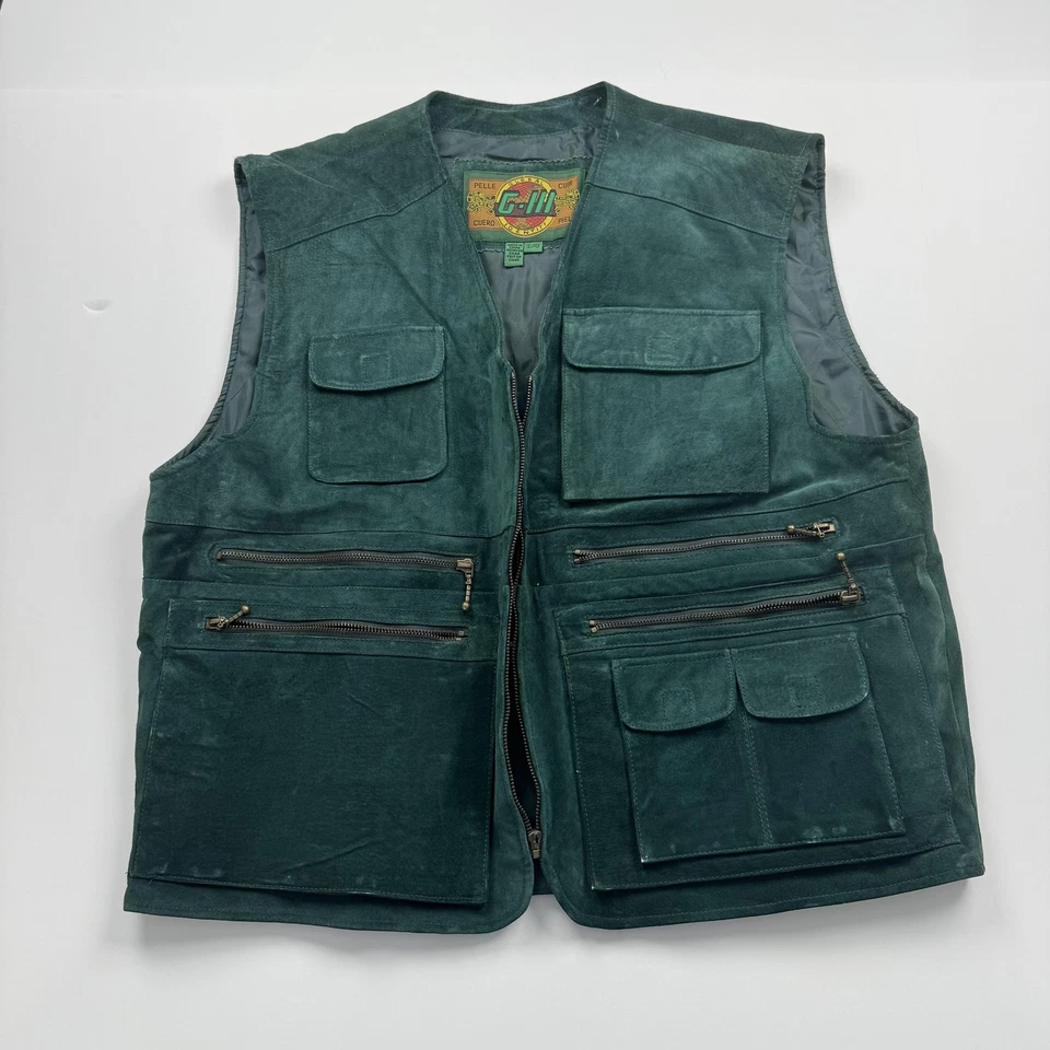 G-III Leather Vest Mens Large Green Suede Utility Multi Pocket Outdoor Lined - Image 1 of 4