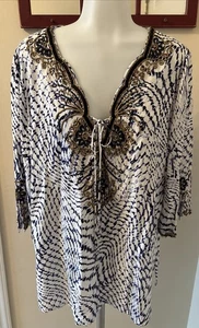 Top tunica donna morbidi dintorni PL batik impreziosito da perline blu bianco bella - Foto 1 di 18
