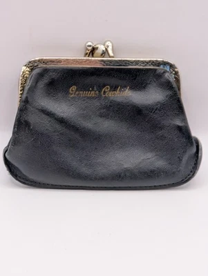 Monedero negro cuero de vaca genuino de colección doble bloqueo de beso bisagra de metal 2 compartimentos Foto 1 de 4