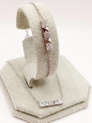 Collana Bracciale Parure Argento 925 Zirconi Piramidali Rettangolare Ciondolo  - Immagine 1 di 4