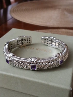 Judith Ripka Heavy Sterling Silver , With 3 Amethyst Stones  Cuff Bracelet 925  - Image 1 of 4