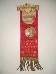 Grand Lodge Saratoga Springs New York Odd Fellow IOOF Ribbon PIN BACK BADGE - Picture 1 of 3
