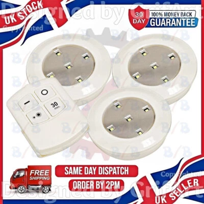 3 REMOTE CONTROL LED NIGHT LIGHTS STICK ON KITCHEN SHED CUPBOARDS STAIRS BATTERY - Image 1 of 4