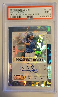 Andy Pages PSA 9 Auto Panini 2021 Cracked Ice Prospect Ticket LA Dodgers #d /23 - Image 1 of 2