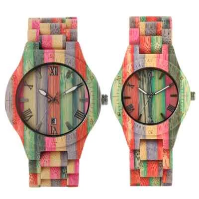 Reloj Pulsera Colorido Números Romanos Cuadrante Madera Bambú para Hombres Mujeres Pareja Foto 1 de 4