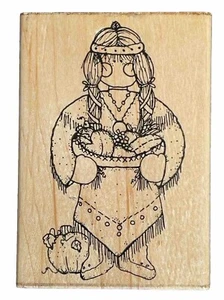 Little Native American Indian Girl Thanksgiving Harvest Symbol Wood Rubber Stamp - Picture 1 of 4