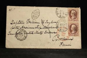 Rhode Island: Providence 1870 #149 Vertical Pair Scarce 4c Rate Cover to France - Bild 1 von 2