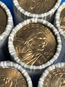 Sealed Bank Roll $25 Dollar Coins Sacagawea 2000 P Coin Showing on End of Roll - Picture 1 of 3