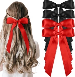 4Pcs Silky Satin Hair Bows with Long Tail Ribbon Clips, Red and Black Daily Wear - Picture 1 of 8