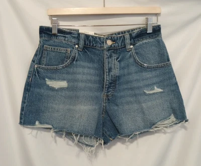 Pantalones Cortos Algodón:On Original Corte Mujer 30 Azul Tiro Medio Envejecido Botón Mosca Foto 1 de 4