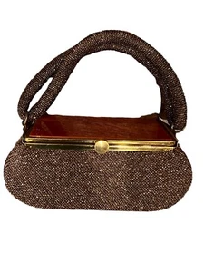 Vtg 50s Brown Lucite-Beaded Purse Evening Bag Box Handle Elevated Mirror Inside - Picture 1 of 15